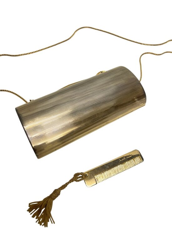 Judith Leiber Vintage Gold Tone Cylinder Clutch Shoulder Bag with Comb - Picture 1 of 12